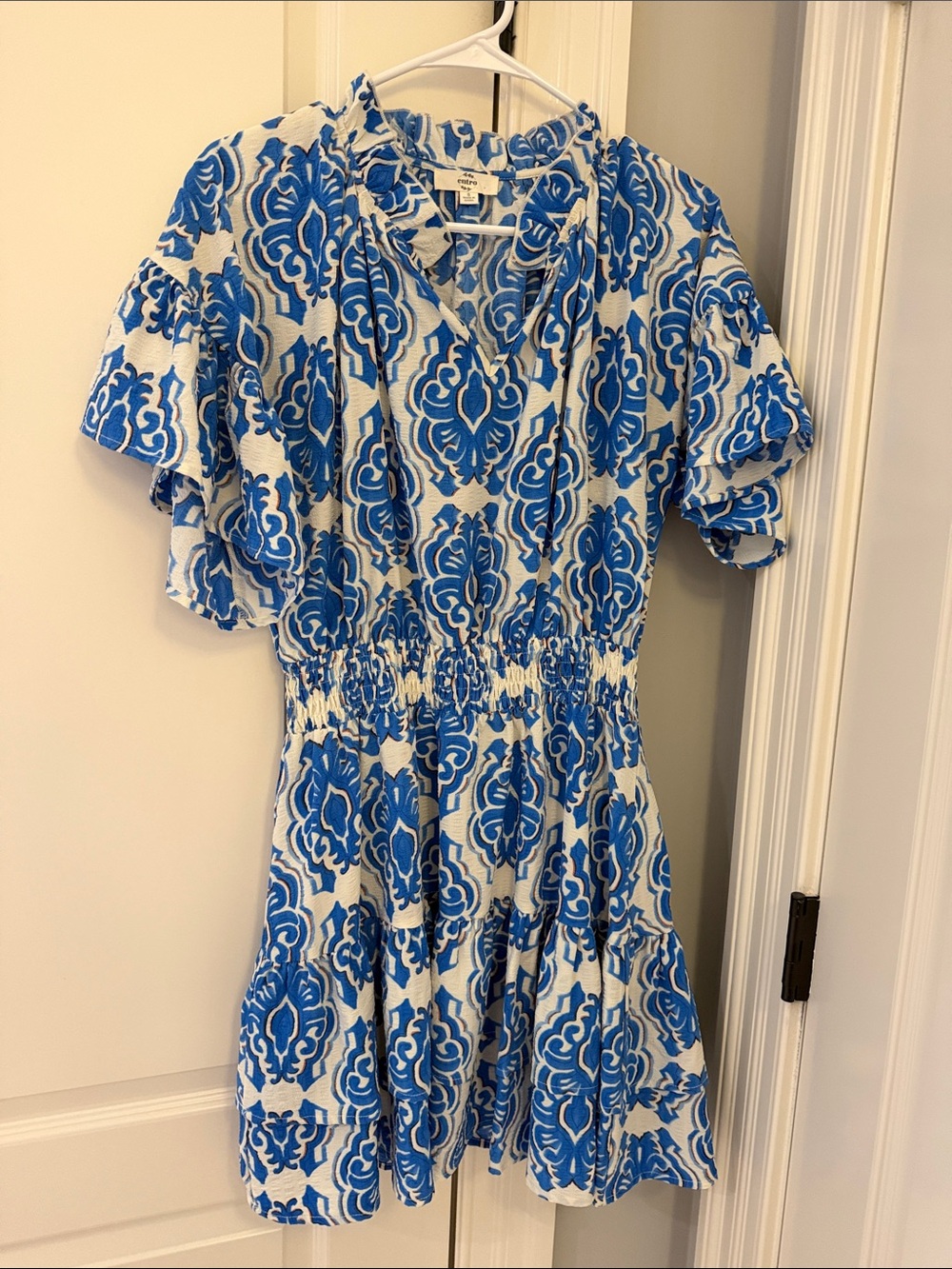entro Blue & White Printed Mini Dress with Smocked Waist